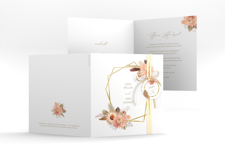 Hochzeitseinladung Strohblume quadr. Klappkarte weiss gold