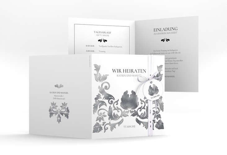 Hochzeitseinladung Royal quadr. Klappkarte weiss silber mit barockem Blumen-Ornament