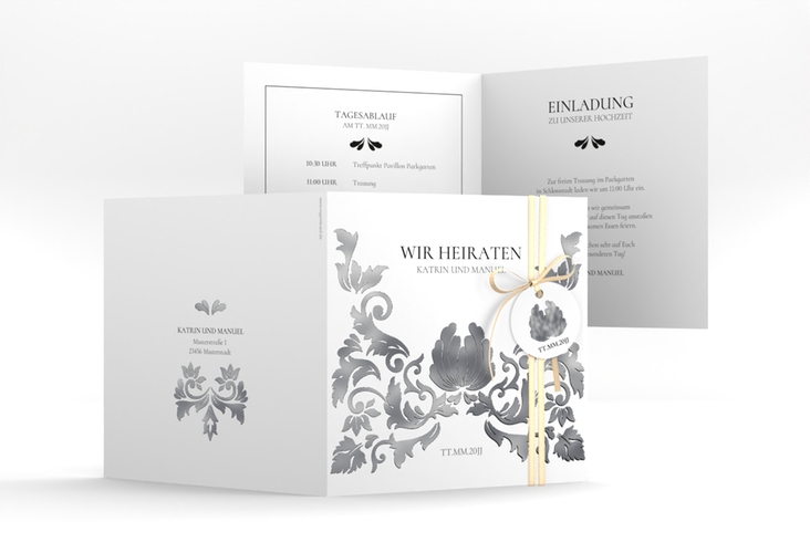 Hochzeitseinladung Royal quadr. Klappkarte weiss silber mit barockem Blumen-Ornament