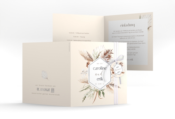 Hochzeitseinladung Bohemian quadr. Klappkarte beige silber im Boho-Style mit Pampasgras
