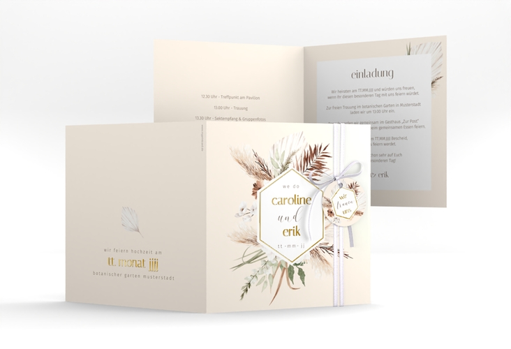Hochzeitseinladung Bohemian quadr. Klappkarte beige gold im Boho-Style mit Pampasgras