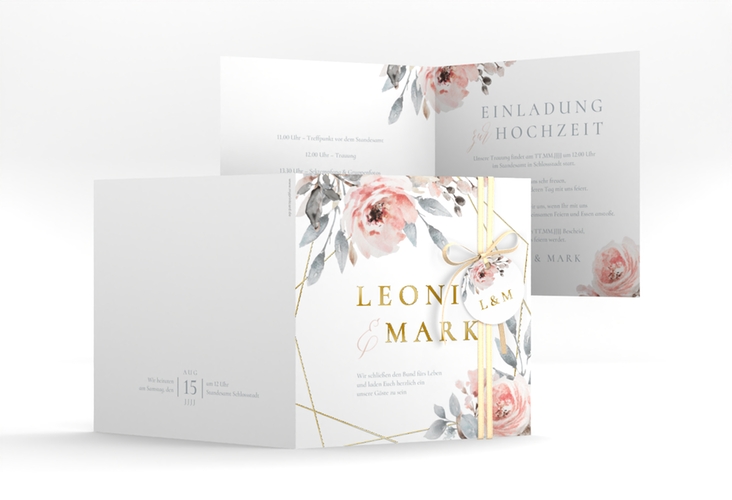 Hochzeitseinladung Perfection quadr. Klappkarte weiss gold mit rosa Rosen
