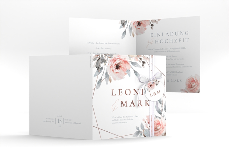 Hochzeitseinladung Perfection quadr. Klappkarte weiss rosegold mit rosa Rosen