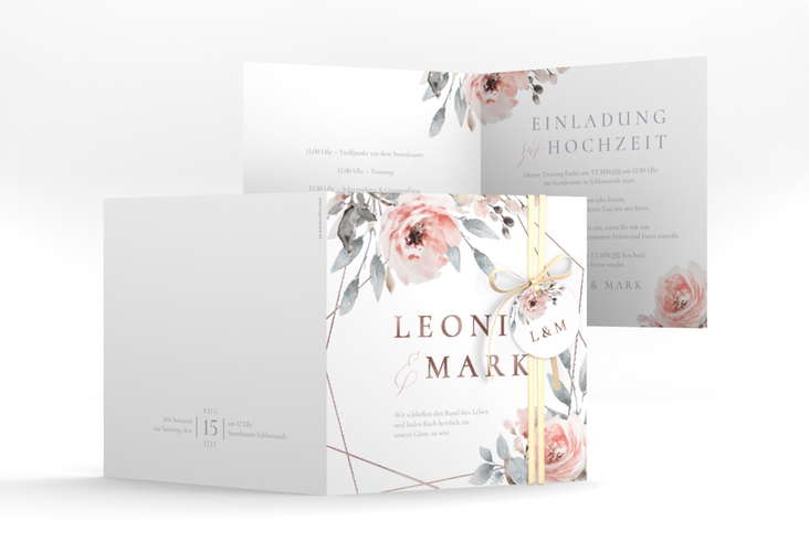 Hochzeitseinladung Perfection quadr. Klappkarte weiss rosegold mit rosa Rosen