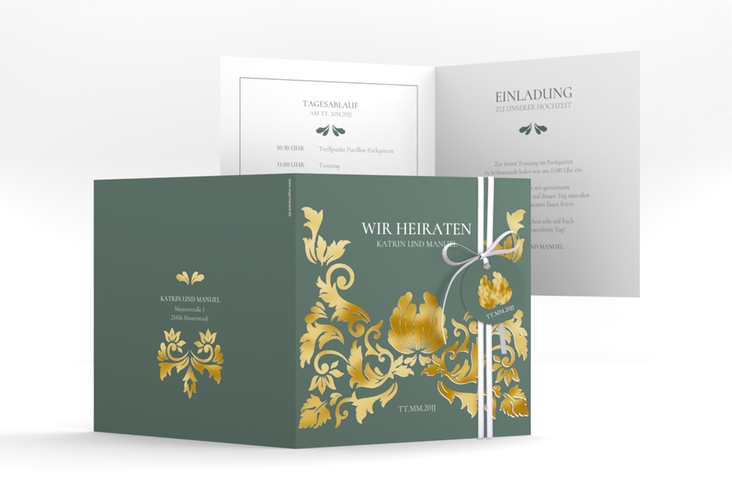 Hochzeitseinladung Royal quadr. Klappkarte gruen gold mit barockem Blumen-Ornament