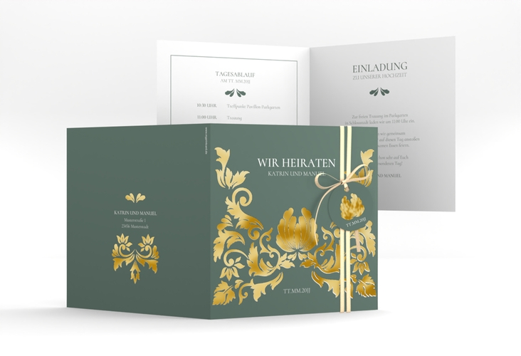 Hochzeitseinladung Royal quadr. Klappkarte gruen gold mit barockem Blumen-Ornament
