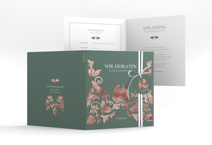 Hochzeitseinladung Royal quadr. Klappkarte gruen rosegold mit barockem Blumen-Ornament