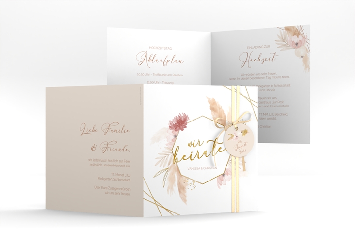 Hochzeitseinladung Bohostyle quadr. Klappkarte beige gold mit Pampasgras in Aquarell