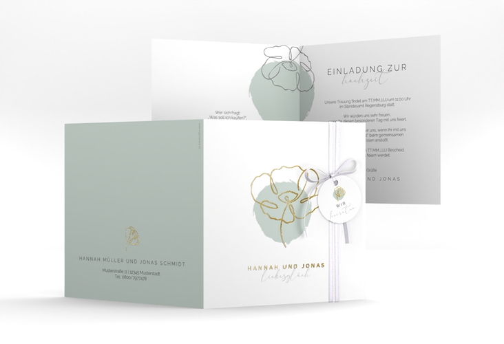 Hochzeitseinladung Flowerline quadr. Klappkarte gruen gold