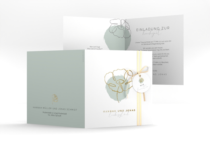 Hochzeitseinladung Flowerline quadr. Klappkarte gruen gold