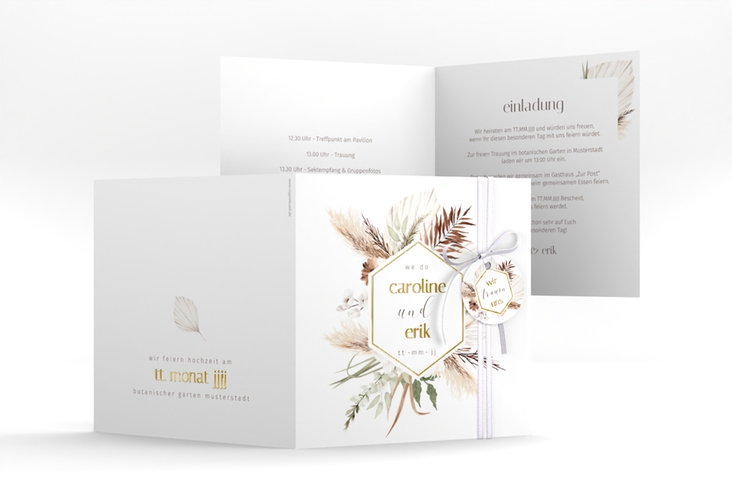 Hochzeitseinladung Bohemian quadr. Klappkarte weiss gold im Boho-Style mit Pampasgras