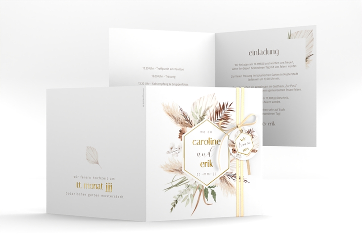 Hochzeitseinladung Bohemian quadr. Klappkarte weiss gold im Boho-Style mit Pampasgras