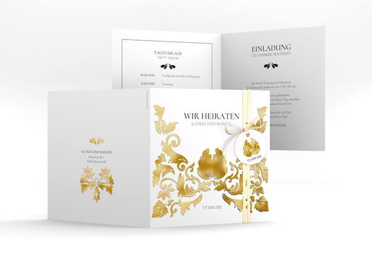 Hochzeitseinladung Royal quadr. Klappkarte weiss gold mit barockem Blumen-Ornament