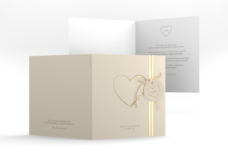 Hochzeitseinladung Lebenstraum quadr. Klappkarte beige gold