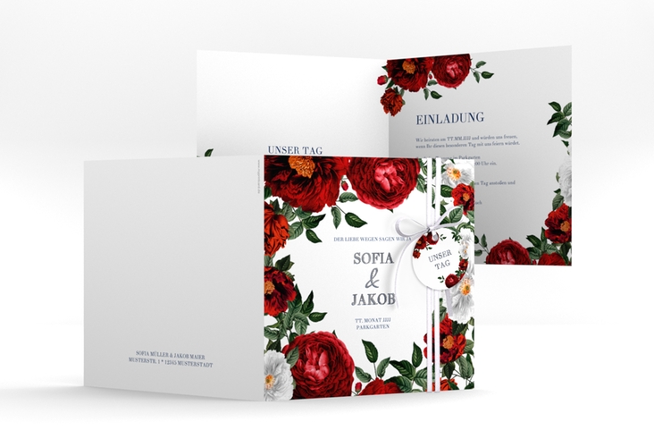 Einladungskarte Hochzeit Florista quadr. Klappkarte weiss silber