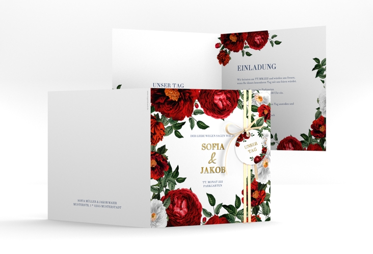 Einladungskarte Hochzeit Florista quadr. Klappkarte weiss gold
