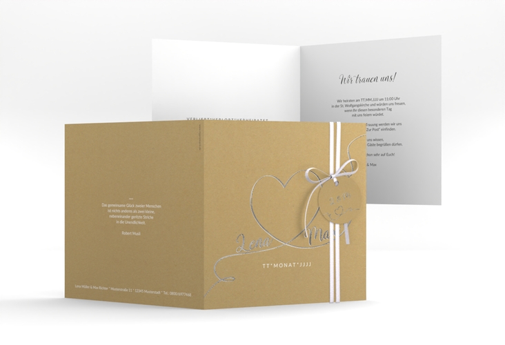 Hochzeitseinladung Herzensbund quadr. Klappkarte weiss silber