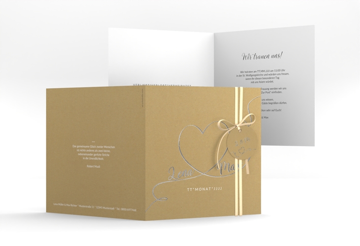 Hochzeitseinladung Herzensbund quadr. Klappkarte weiss silber
