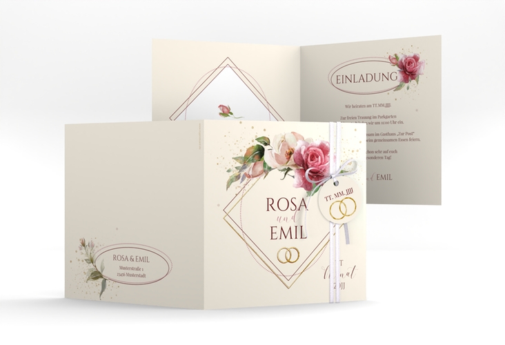 Hochzeitseinladung Rosenbogen quadr. Klappkarte beige gold