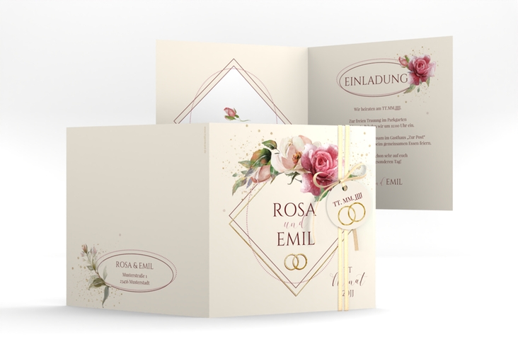 Hochzeitseinladung Rosenbogen quadr. Klappkarte beige gold