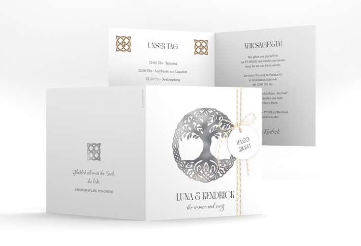 Hochzeitseinladung Lebensbaum quadr. Klappkarte weiss silber im Stil der Kelten und Wikinger