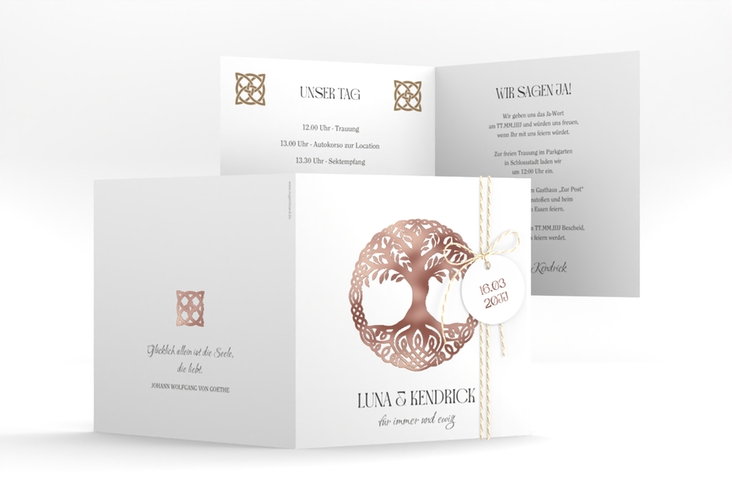 Hochzeitseinladung Lebensbaum quadr. Klappkarte weiss rosegold im Stil der Kelten und Wikinger