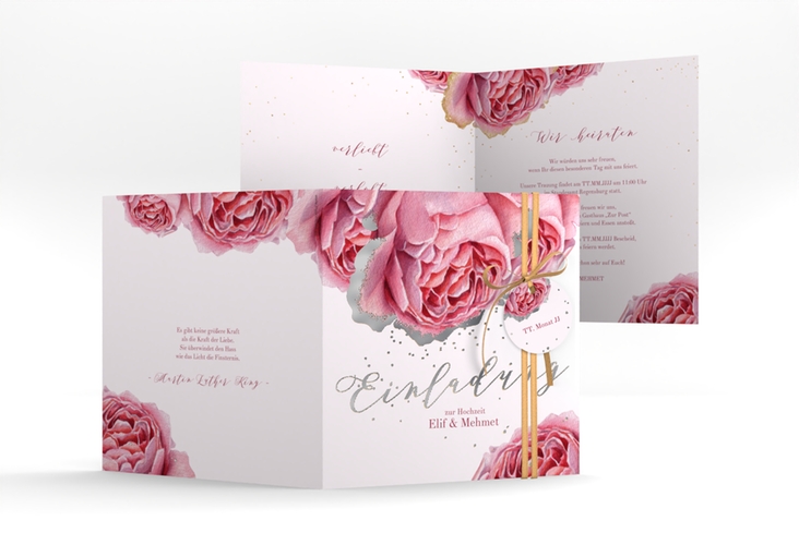 Hochzeitseinladung Cherie quadr. Klappkarte rosa silber