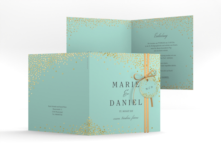Hochzeitseinladung Glitter quadr. Klappkarte mint gold