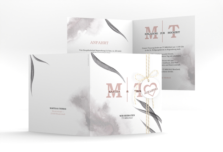 Hochzeitseinladung Initialen quadr. Klappkarte weiss rosegold