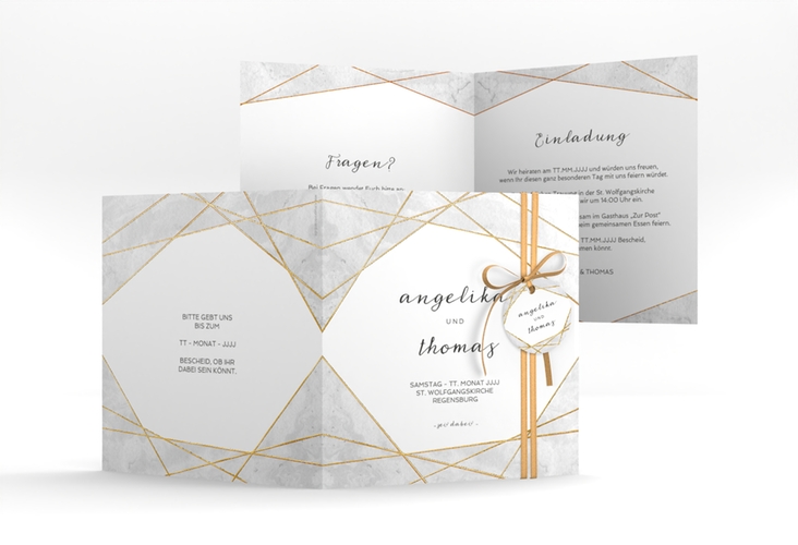Hochzeitseinladung Asymmetry quadr. Klappkarte grau gold