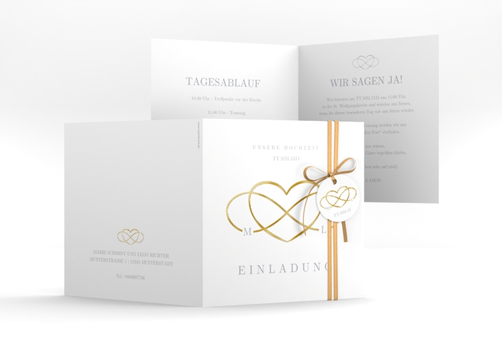 Hochzeitseinladung Infinity quadr. Klappkarte grau gold