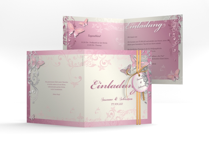 Hochzeitseinladung Toulouse quadr. Klappkarte rosa silber romantisch mit Schmetterlingen