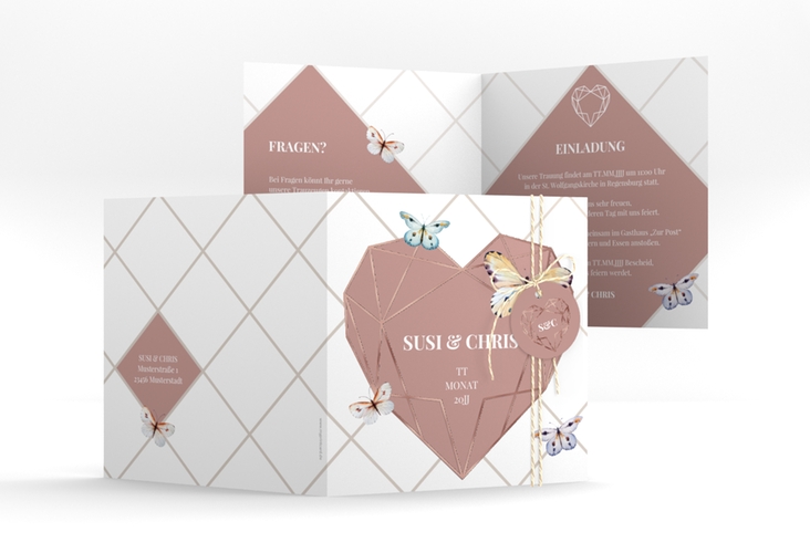 Hochzeitseinladung Butterfly quadr. Klappkarte weiss rosegold mit Schmetterlingen und Herz im Geometric Design