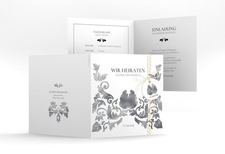 Hochzeitseinladung Royal quadr. Klappkarte weiss silber mit barockem Blumen-Ornament