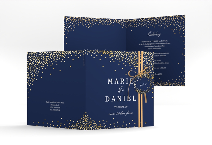 Hochzeitseinladung Glitter quadr. Klappkarte blau gold