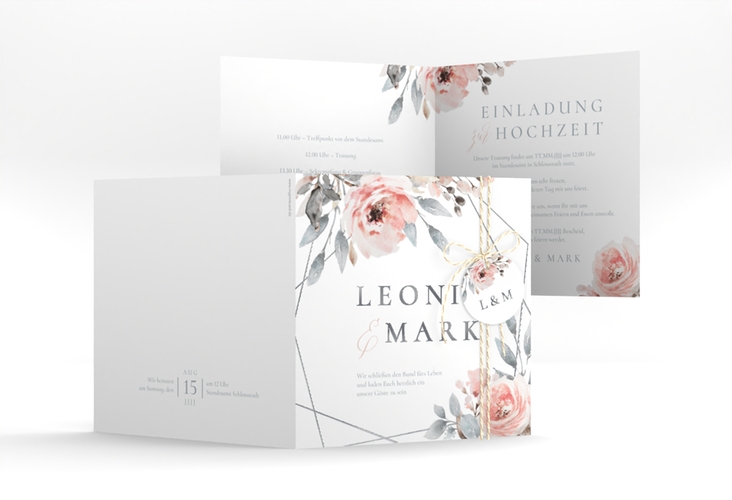 Hochzeitseinladung Perfection quadr. Klappkarte weiss silber mit rosa Rosen