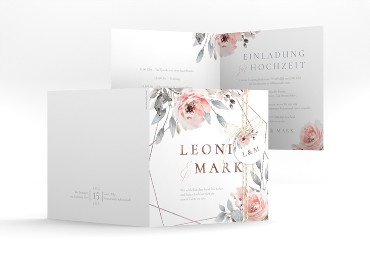 Hochzeitseinladung Perfection quadr. Klappkarte weiss rosegold mit rosa Rosen
