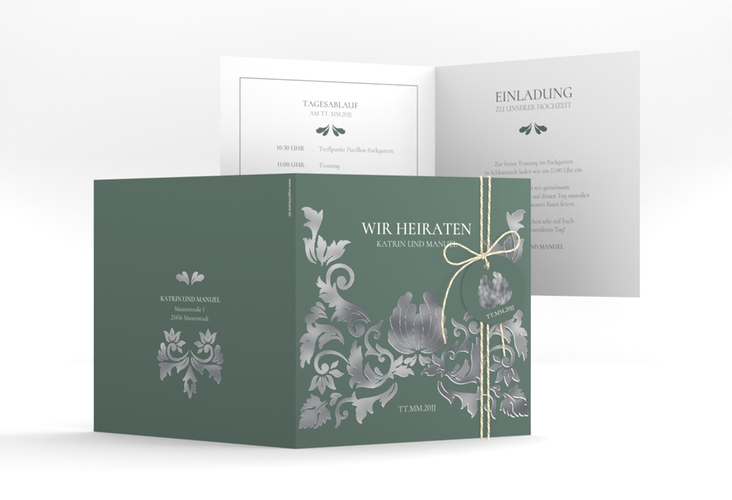 Hochzeitseinladung Royal quadr. Klappkarte gruen silber mit barockem Blumen-Ornament