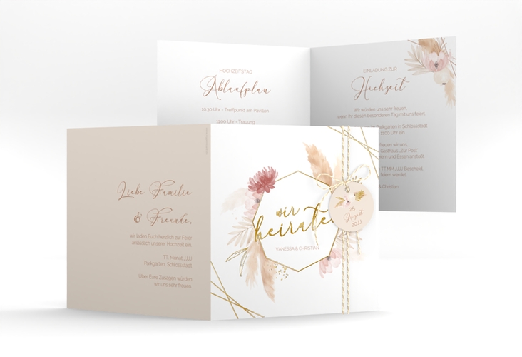 Hochzeitseinladung Bohostyle quadr. Klappkarte beige gold mit Pampasgras in Aquarell