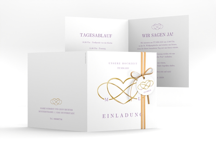 Hochzeitseinladung Infinity quadr. Klappkarte lila gold