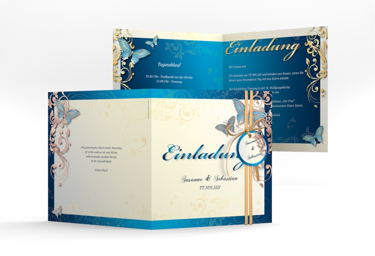 Hochzeitseinladung Toulouse quadr. Klappkarte blau rosegold romantisch mit Schmetterlingen