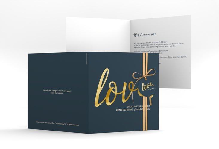 Hochzeitseinladung Glam quadr. Klappkarte blau gold