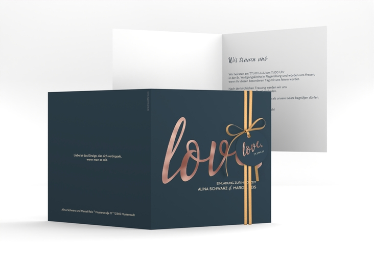 Hochzeitseinladung Glam quadr. Klappkarte blau rosegold