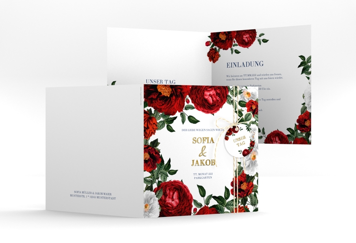 Einladungskarte Hochzeit Florista quadr. Klappkarte weiss gold