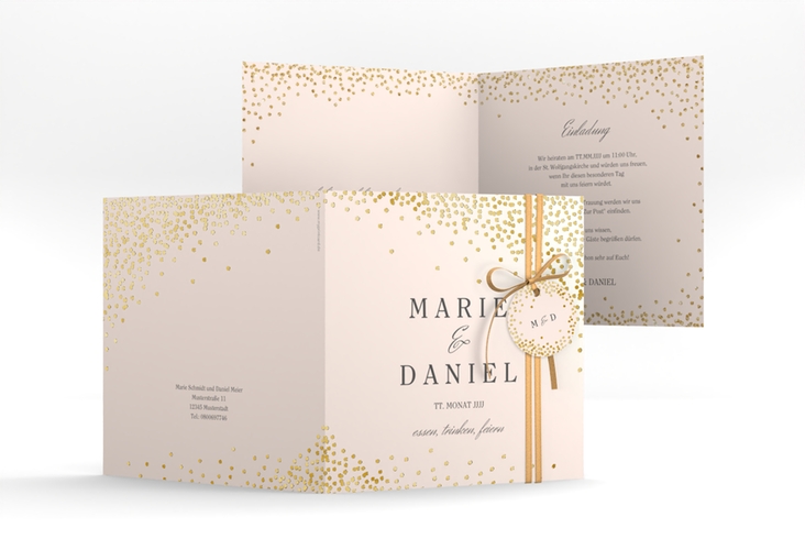Hochzeitseinladung Glitter quadr. Klappkarte rosa gold