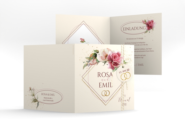 Hochzeitseinladung Rosenbogen quadr. Klappkarte beige gold