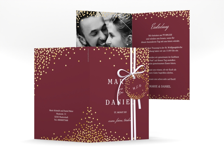 Einladungskarte Hochzeit Glitter A6 Klappkarte hoch rot gold