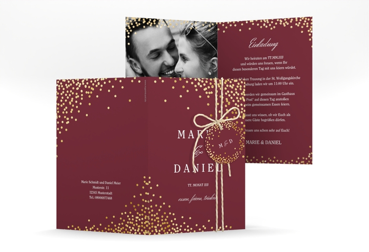 Einladungskarte Hochzeit Glitter A6 Klappkarte hoch rot gold