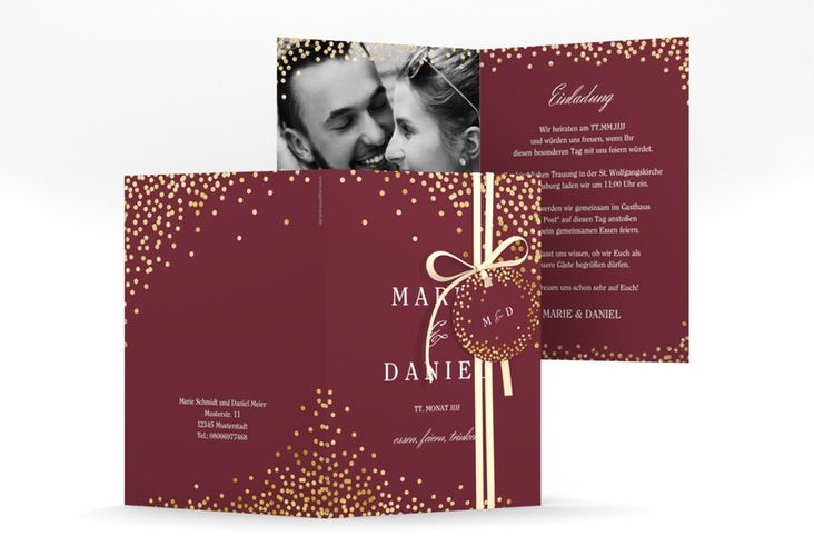 Einladungskarte Hochzeit Glitter A6 Klappkarte hoch rot gold
