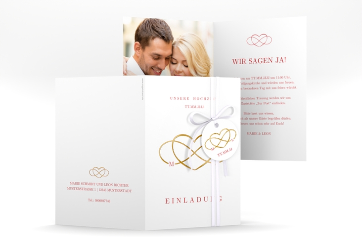 Einladungskarte Hochzeit Infinity A6 Klappkarte hoch rot gold